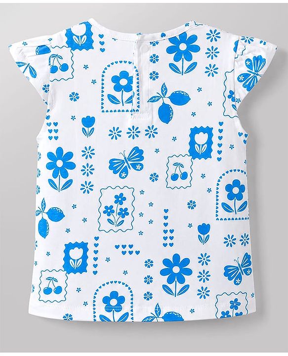 Babyhug 100% Cotton Single Jersey Knit Cap Sleeves Tropical Theme Printed & Lovely Embroidered Dungaree Set - White & Navy Blue