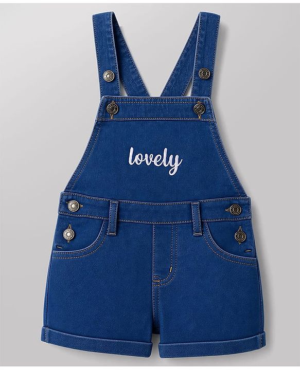 Babyhug 100% Cotton Single Jersey Knit Cap Sleeves Tropical Theme Printed & Lovely Embroidered Dungaree Set - White & Navy Blue