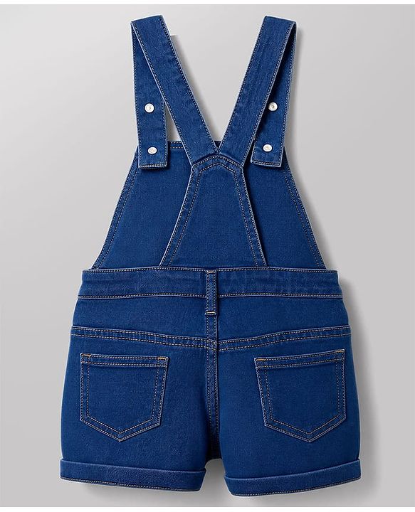 Babyhug 100% Cotton Single Jersey Knit Cap Sleeves Tropical Theme Printed & Lovely Embroidered Dungaree Set - White & Navy Blue