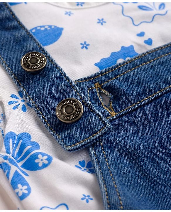 Babyhug 100% Cotton Single Jersey Knit Cap Sleeves Tropical Theme Printed & Lovely Embroidered Dungaree Set - White & Navy Blue