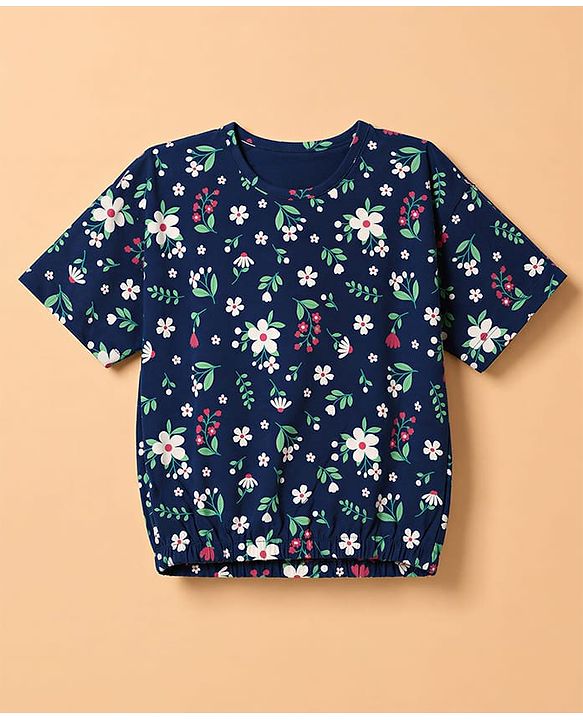 Babyhug Single Jersey Knit Half Sleeves Floral Printed Top & Denim Shorts Set - Navy Blue & White