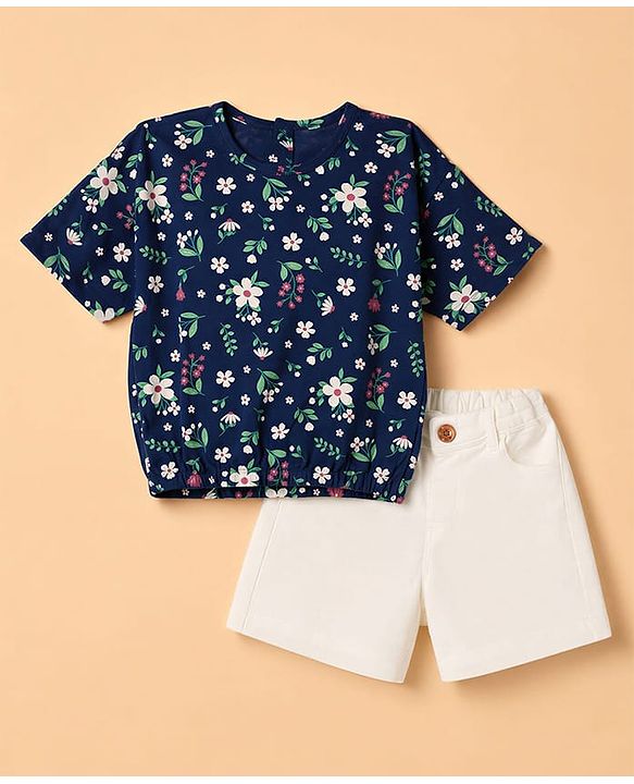 Babyhug Single Jersey Knit Half Sleeves Floral Printed Top & Denim Shorts Set - Navy Blue & White