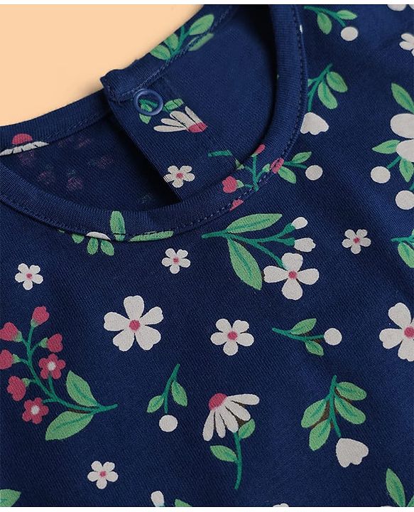 Babyhug Single Jersey Knit Half Sleeves Floral Printed Top & Denim Shorts Set - Navy Blue & White