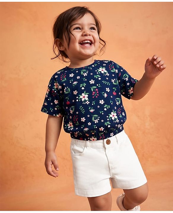 Babyhug Single Jersey Knit Half Sleeves Floral Printed Top & Denim Shorts Set - Navy Blue & White