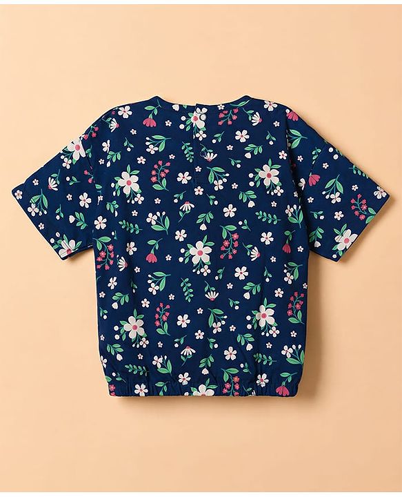 Babyhug Single Jersey Knit Half Sleeves Floral Printed Top & Denim Shorts Set - Navy Blue & White