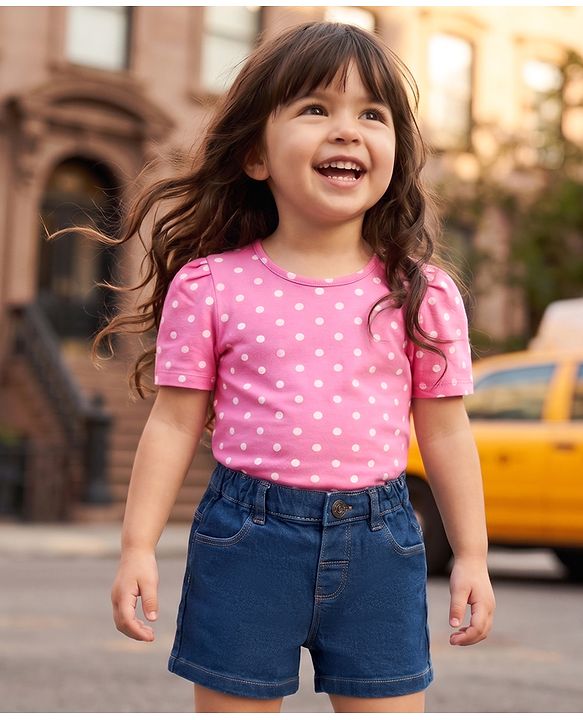 Babyhug Single Jersey Knit Half Sleeves Polka Dots Printed T-Shirt & Denim Shorts Set - Pink