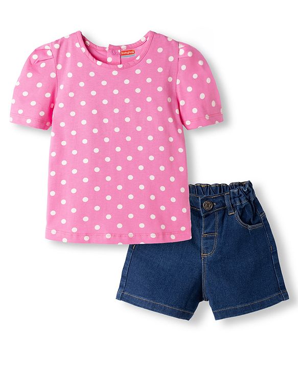 Babyhug Single Jersey Knit Half Sleeves Polka Dots Printed T-Shirt & Denim Shorts Set - Pink