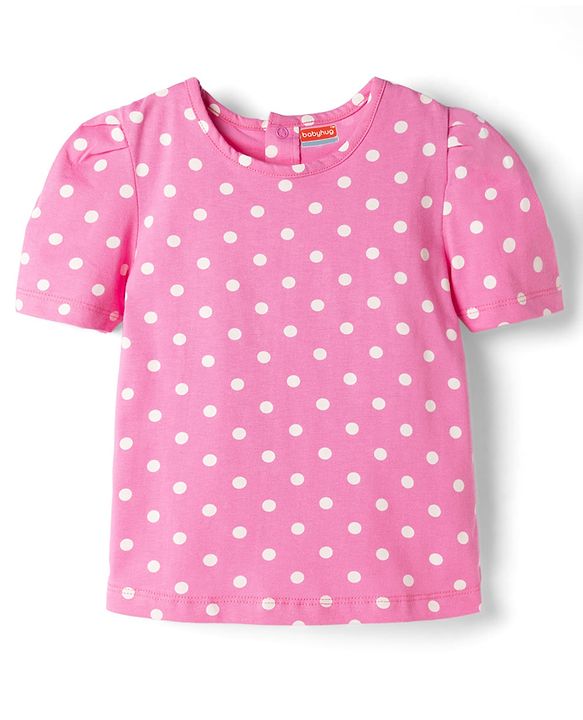 Babyhug Single Jersey Knit Half Sleeves Polka Dots Printed T-Shirt & Denim Shorts Set - Pink