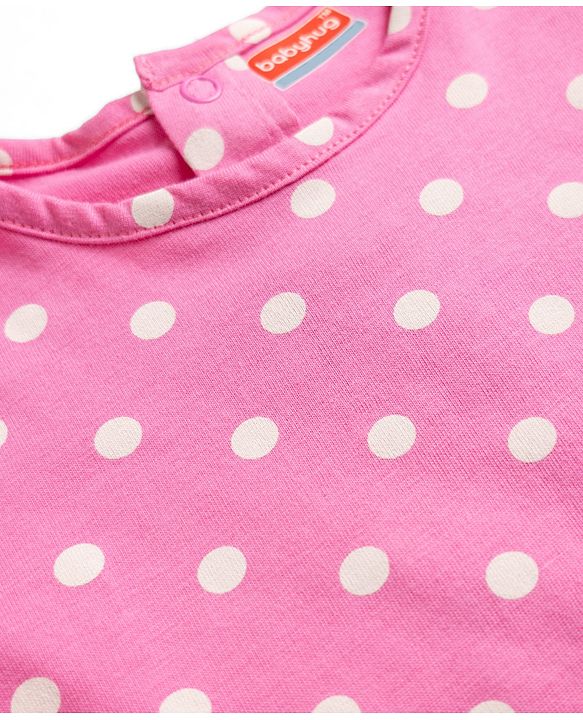 Babyhug Single Jersey Knit Half Sleeves Polka Dots Printed T-Shirt & Denim Shorts Set - Pink