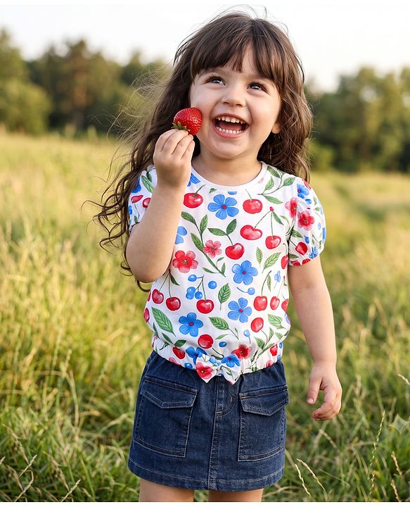 Babyhug Single Jersey Knit Half Sleeves Floral & Tropical Theme Printed Top & Denim Skirt Set - Navy Blue