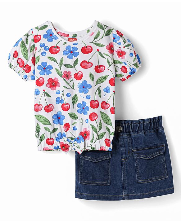 Babyhug Single Jersey Knit Half Sleeves Floral & Tropical Theme Printed Top & Denim Skirt Set - Navy Blue
