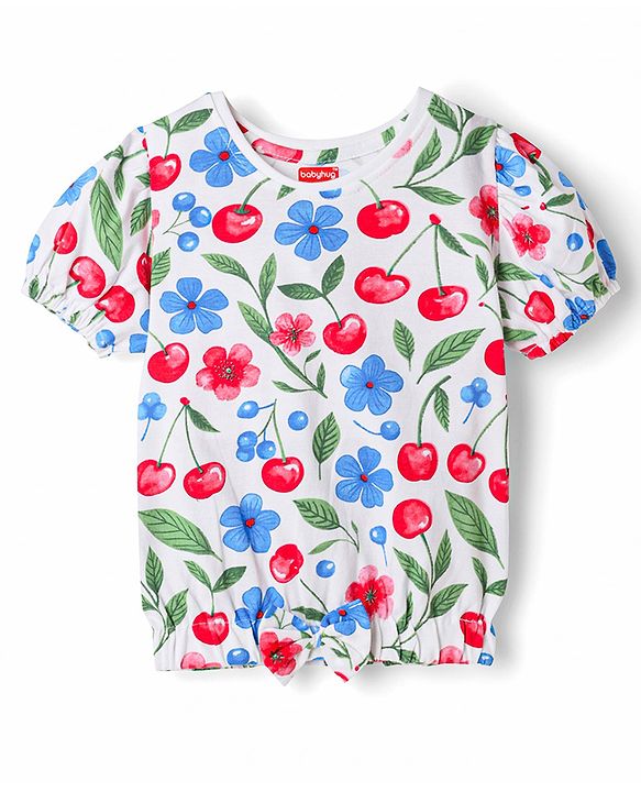 Babyhug Single Jersey Knit Half Sleeves Floral & Tropical Theme Printed Top & Denim Skirt Set - Navy Blue