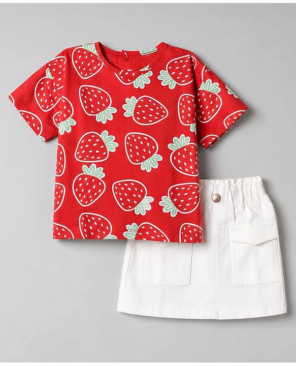 Babyhug Single Jersey Knit Half Sleeves Strawberry Printed Top & Skirt Set - Red & White