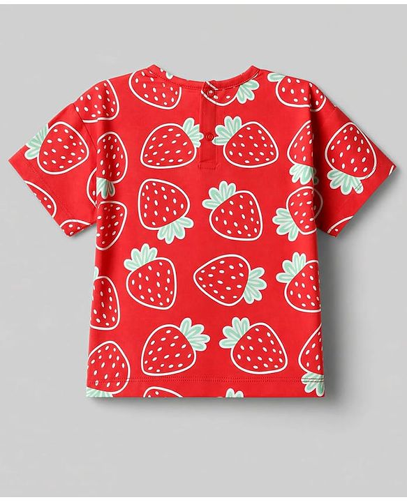 Babyhug Single Jersey Knit Half Sleeves Strawberry Printed Top & Skirt Set - Red & White