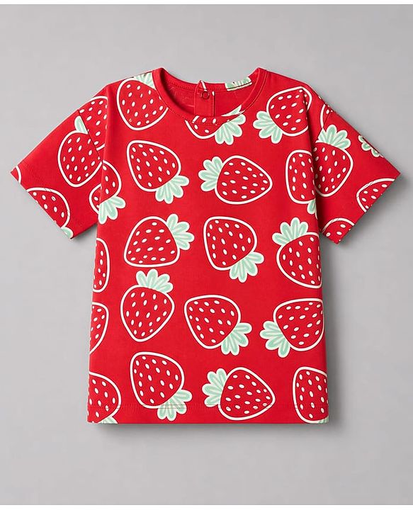 Babyhug Single Jersey Knit Half Sleeves Strawberry Printed Top & Skirt Set - Red & White