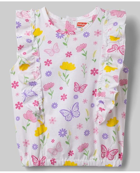 Babyhug Single Jersey Knit Sleeveless Floral & Butterfly Printed Top & Skirt Set - White & Navy Blue