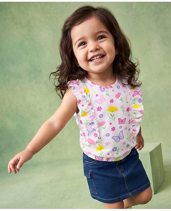 Babyhug Single Jersey Knit Sleeveless Floral & Butterfly Printed Top & Skirt Set - White & Navy Blue