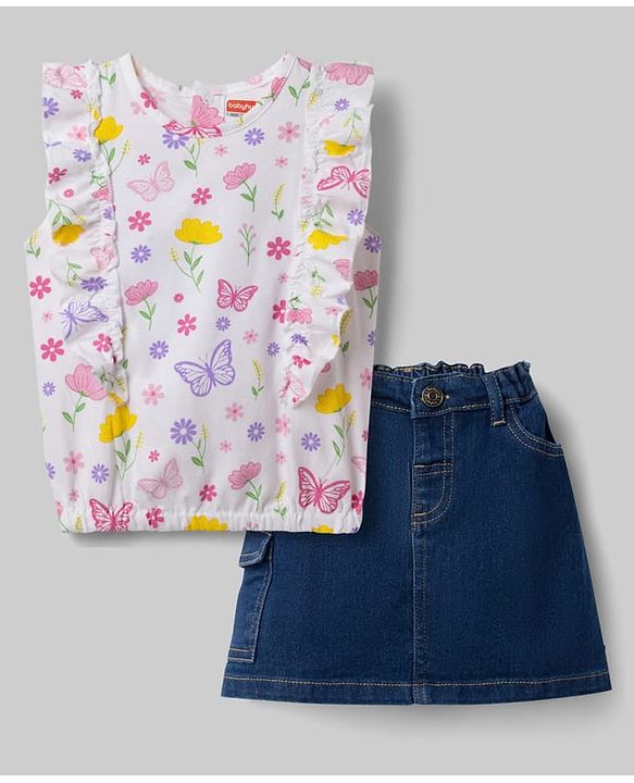 Babyhug Single Jersey Knit Sleeveless Floral & Butterfly Printed Top & Skirt Set - White & Navy Blue