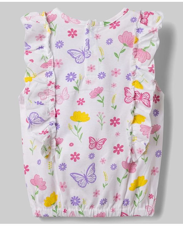 Babyhug Single Jersey Knit Sleeveless Floral & Butterfly Printed Top & Skirt Set - White & Navy Blue