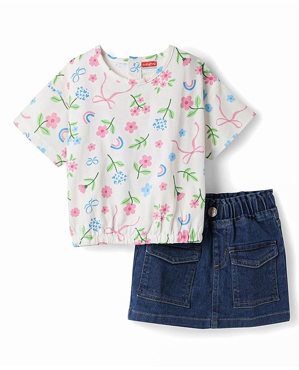 Babyhug Single Jersey Knit Half Sleeves Floral Printed Top & Denim Skirt - White & Navy Blue