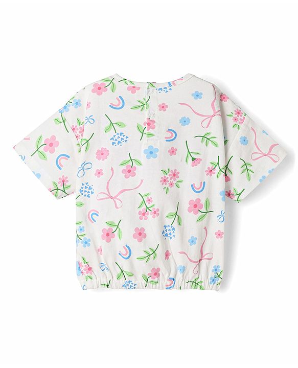 Babyhug Single Jersey Knit Half Sleeves Floral Printed Top & Denim Skirt - White & Navy Blue