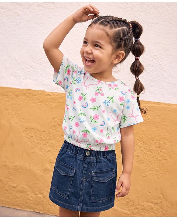 Babyhug Single Jersey Knit Half Sleeves Floral Printed Top & Denim Skirt - White & Navy Blue