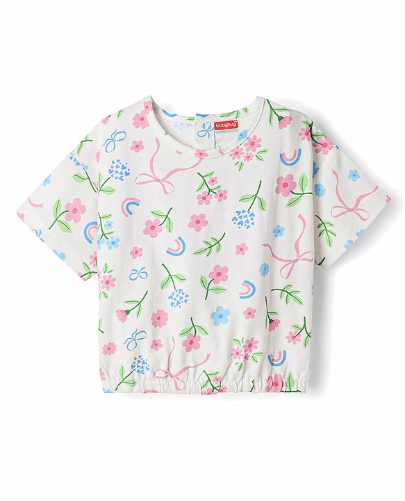 Babyhug Single Jersey Knit Half Sleeves Floral Printed Top & Denim Skirt - White & Navy Blue