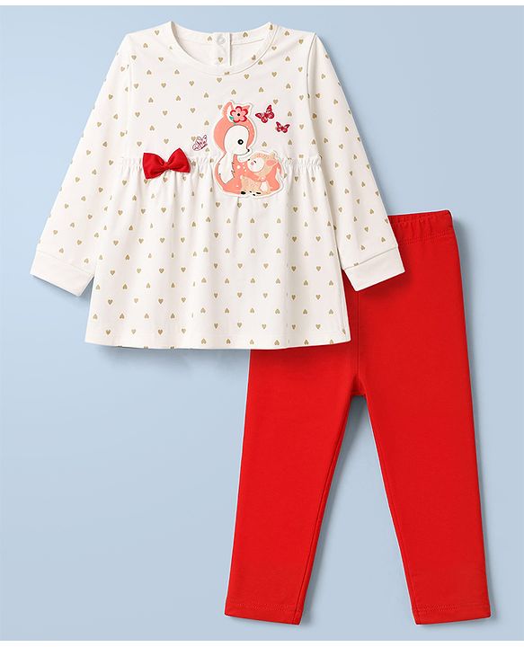 Babyhug 100% Cotton Single Jersey Knit Full Sleeves Top & Leggings With Hearts Print & Bow Applique - White & Red