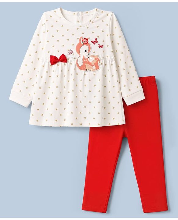 Babyhug 100% Cotton Single Jersey Knit Full Sleeves Top & Leggings With Hearts Print & Bow Applique - White & Red