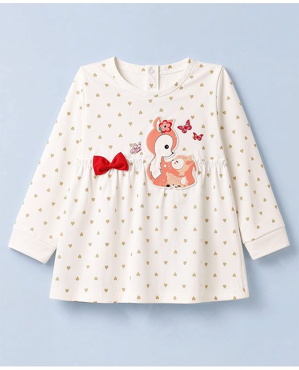 Babyhug 100% Cotton Single Jersey Knit Full Sleeves Top & Leggings With Hearts Print & Bow Applique - White & Red