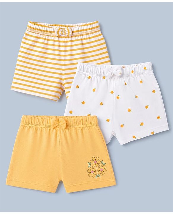 Babyhug 100% Cotton Jersey Knit Mid Thigh Striped Shorts With Floral Print Pack - White & Yellow