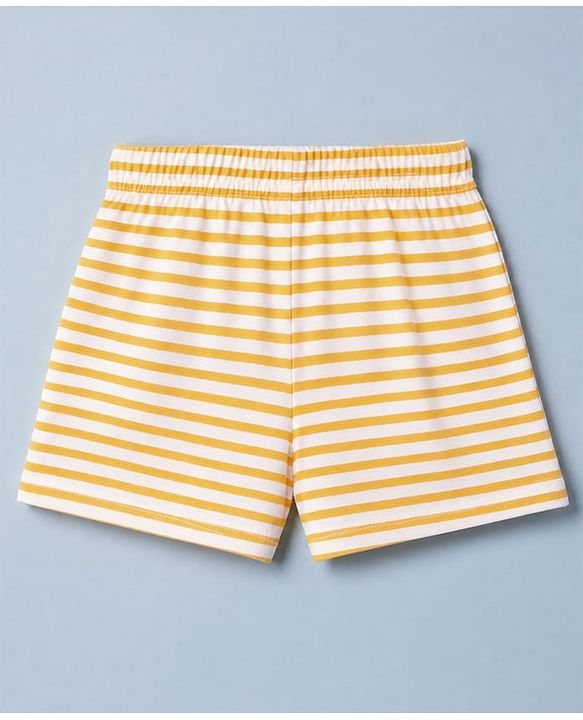 Babyhug 100% Cotton Jersey Knit Mid Thigh Striped Shorts With Floral Print Pack - White & Yellow