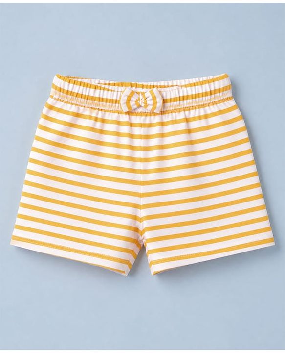Babyhug 100% Cotton Jersey Knit Mid Thigh Striped Shorts With Floral Print Pack - White & Yellow