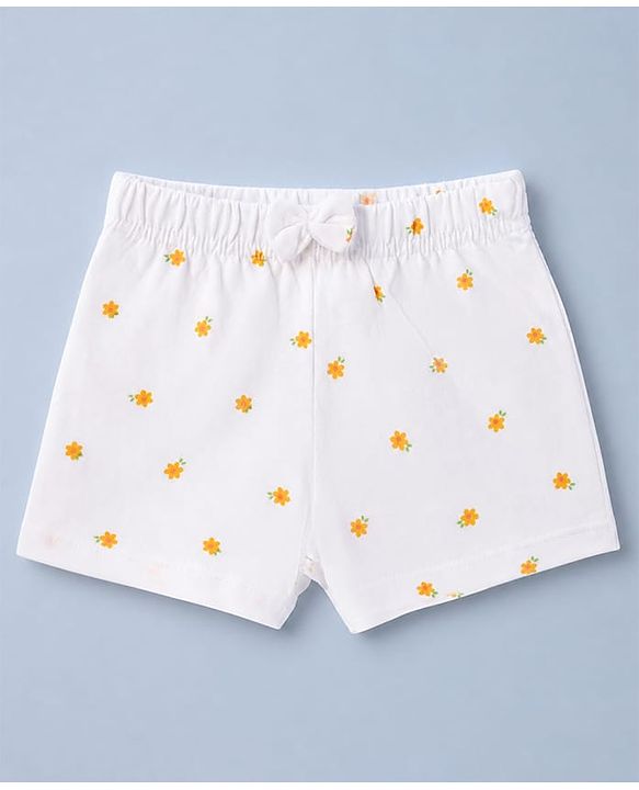 Babyhug 100% Cotton Jersey Knit Mid Thigh Striped Shorts With Floral Print Pack - White & Yellow