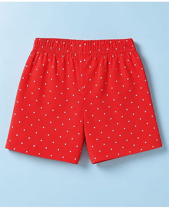 Babyhug 100% Cotton Jersey Knit Mid Thigh Polka Dots Bow & Bear Printed Shorts With Bow Applique Pack Of 3 - Red Navy Blue & Pink