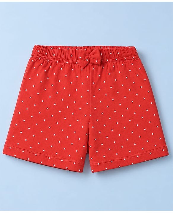 Babyhug 100% Cotton Jersey Knit Mid Thigh Polka Dots Bow & Bear Printed Shorts With Bow Applique Pack Of 3 - Red Navy Blue & Pink