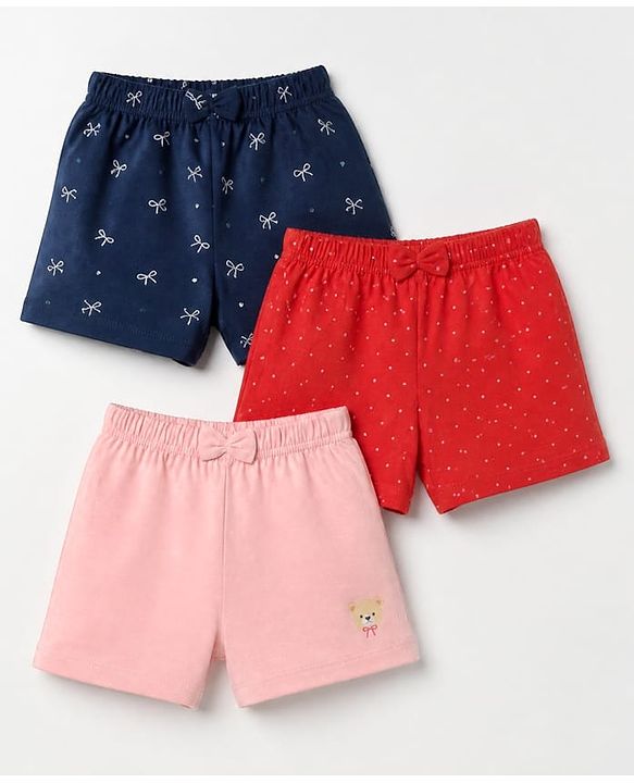 Babyhug 100% Cotton Jersey Knit Mid Thigh Polka Dots Bow & Bear Printed Shorts With Bow Applique Pack Of 3 - Red Navy Blue & Pink