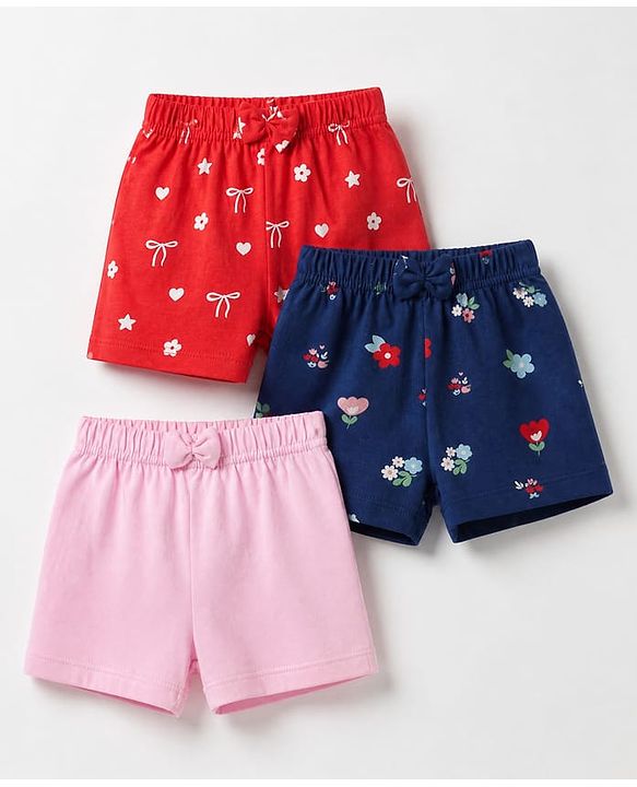 Babyhug Cotton Jersey Knit Short With Floral Print Pack of 3 - Navy Blue Pink Red