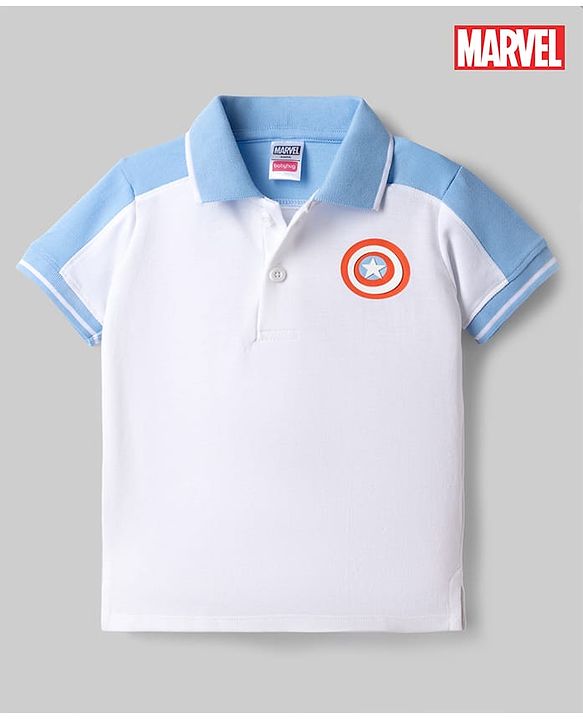 Babyhug Marvel Cotton Knit Half Sleeves Polo T-Shirt  with Captain America Print - White