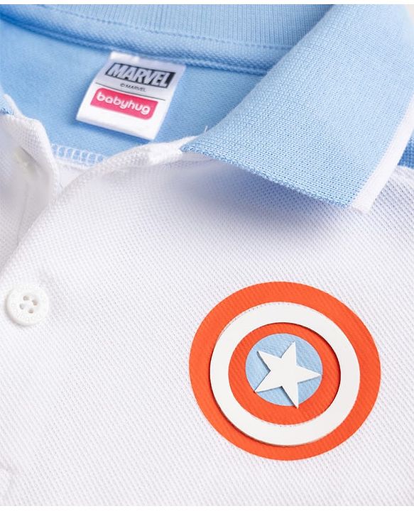 Babyhug Marvel Cotton Knit Half Sleeves Polo T-Shirt  with Captain America Print - White