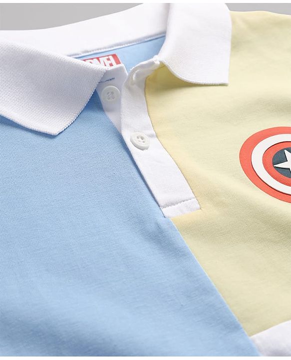 Pine Kids Marvel Cotton Knit  Polo T-Shirt with Half Sleeves and Captain America Print - Sky Blue
