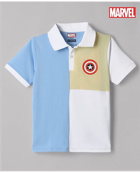 Pine Kids Marvel Cotton Knit  Polo T-Shirt with Half Sleeves and Captain America Print - Sky Blue