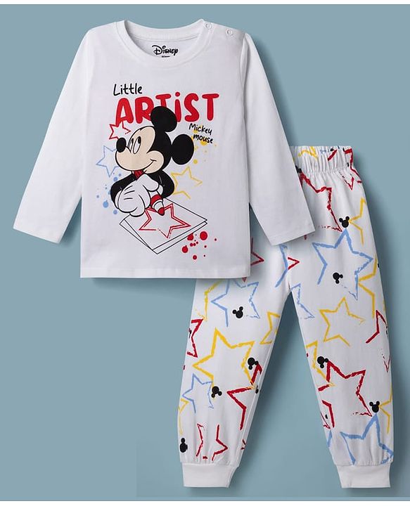Babyhug Disney Single Jersey Knit Full Sleeves T-Shirt & Pyjama Night Suit with Mickey Mouse Graphics - White