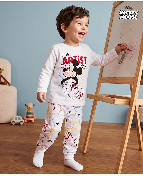 Babyhug Disney Single Jersey Knit Full Sleeves T-Shirt & Pyjama Night Suit with Mickey Mouse Graphics - White