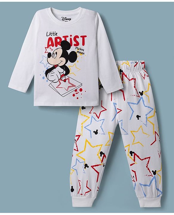 Babyhug Disney Single Jersey Knit Full Sleeves T-Shirt & Pyjama Night Suit with Mickey Mouse Graphics - White