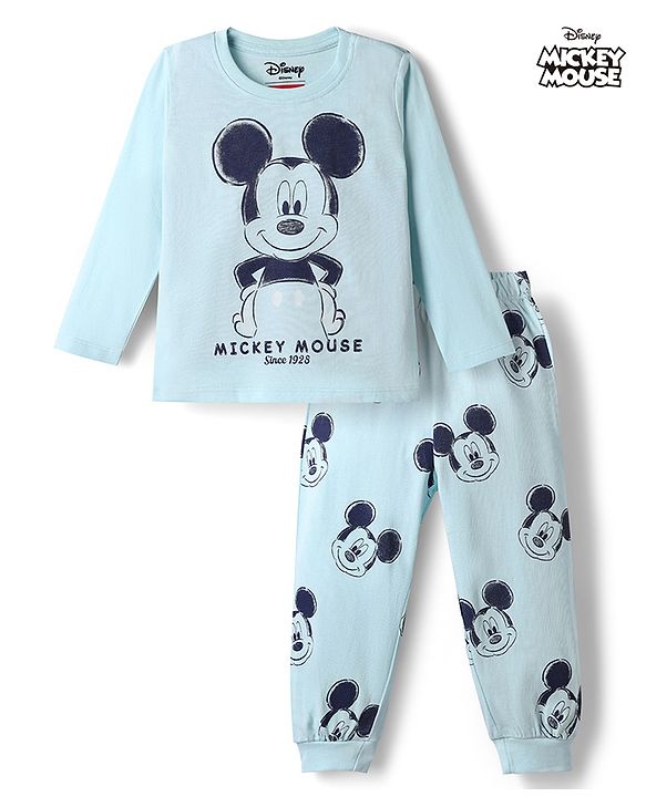 Babyhug Disney Single Jersey Knit Full Sleeves T-Shirt & Pyjama Night Suit with Mickey Mouse Graphic - Light Blue