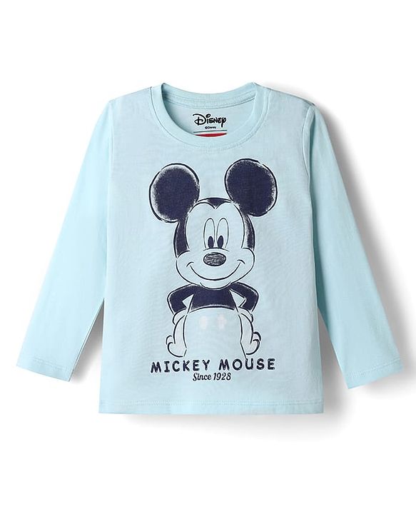 Babyhug Disney Single Jersey Knit Full Sleeves T-Shirt & Pyjama Night Suit with Mickey Mouse Graphic - Light Blue