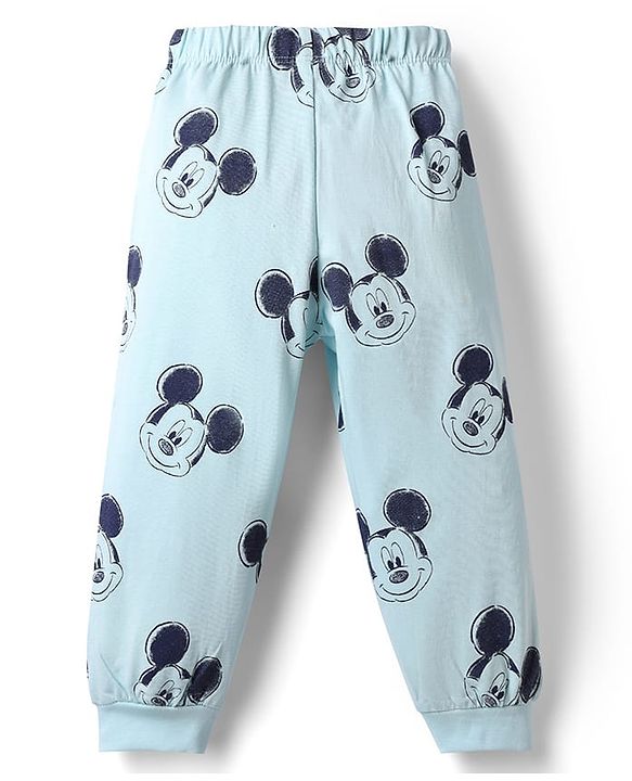 Babyhug Disney Single Jersey Knit Full Sleeves T-Shirt & Pyjama Night Suit with Mickey Mouse Graphic - Light Blue