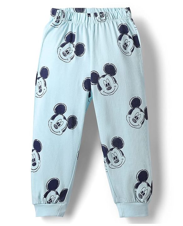 Babyhug Disney Single Jersey Knit Full Sleeves T-Shirt & Pyjama Night Suit with Mickey Mouse Graphic - Light Blue