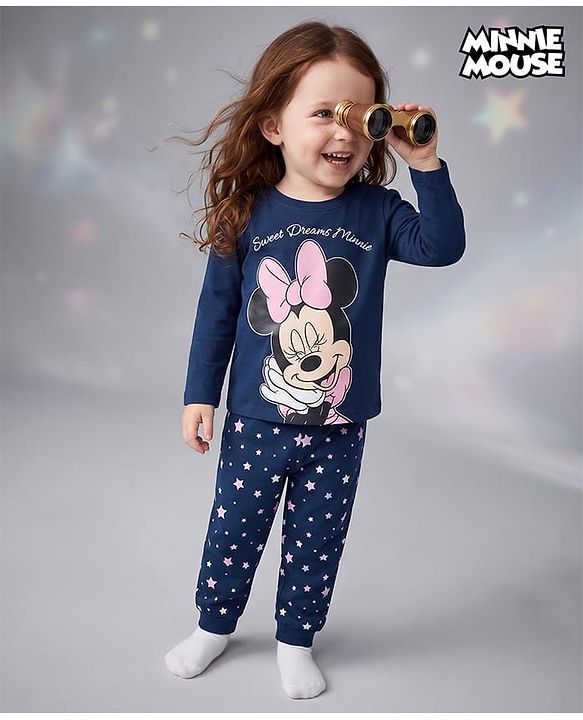 Babyhug Disney Single Jersey Knit Full Sleeves T-shirt & Pyjama Night Suit With Minnie Mouse Graphic & Star Print -Navy Blue